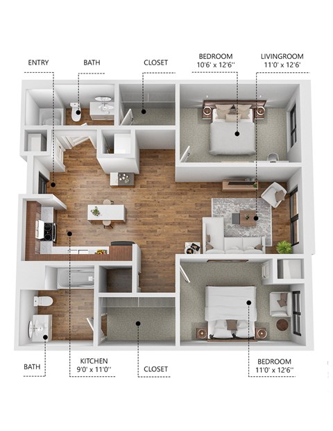 Floor plan for 2 beds, 2 baths, 954 sqft